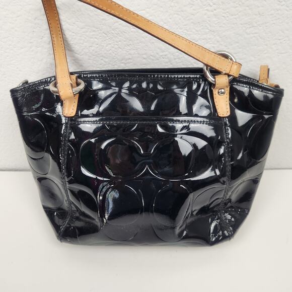 Coach Black Patent Leather Purse Handbag 11" x 7" Monogrammed Embossed C - Picture 4 of 9